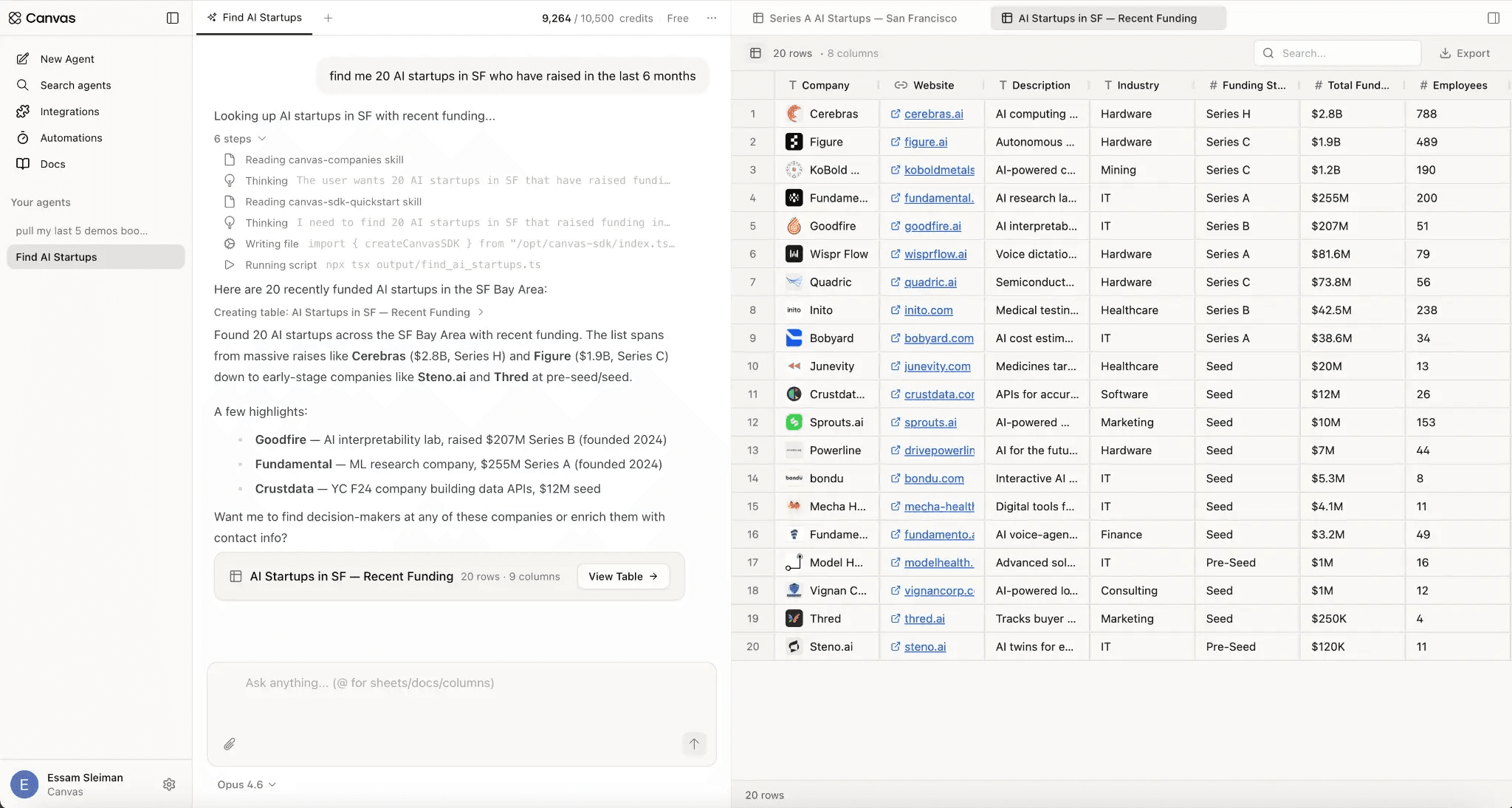 Canvas GTM Agent: chat panel finding AI startups in SF with recent funding alongside an enriched results table of companies, websites, industries, and funding rounds.